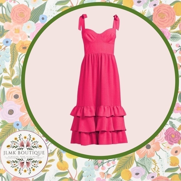 Pink bustier neck tiered hem shoulder tie smocked back sundress - Picture 1 of 6